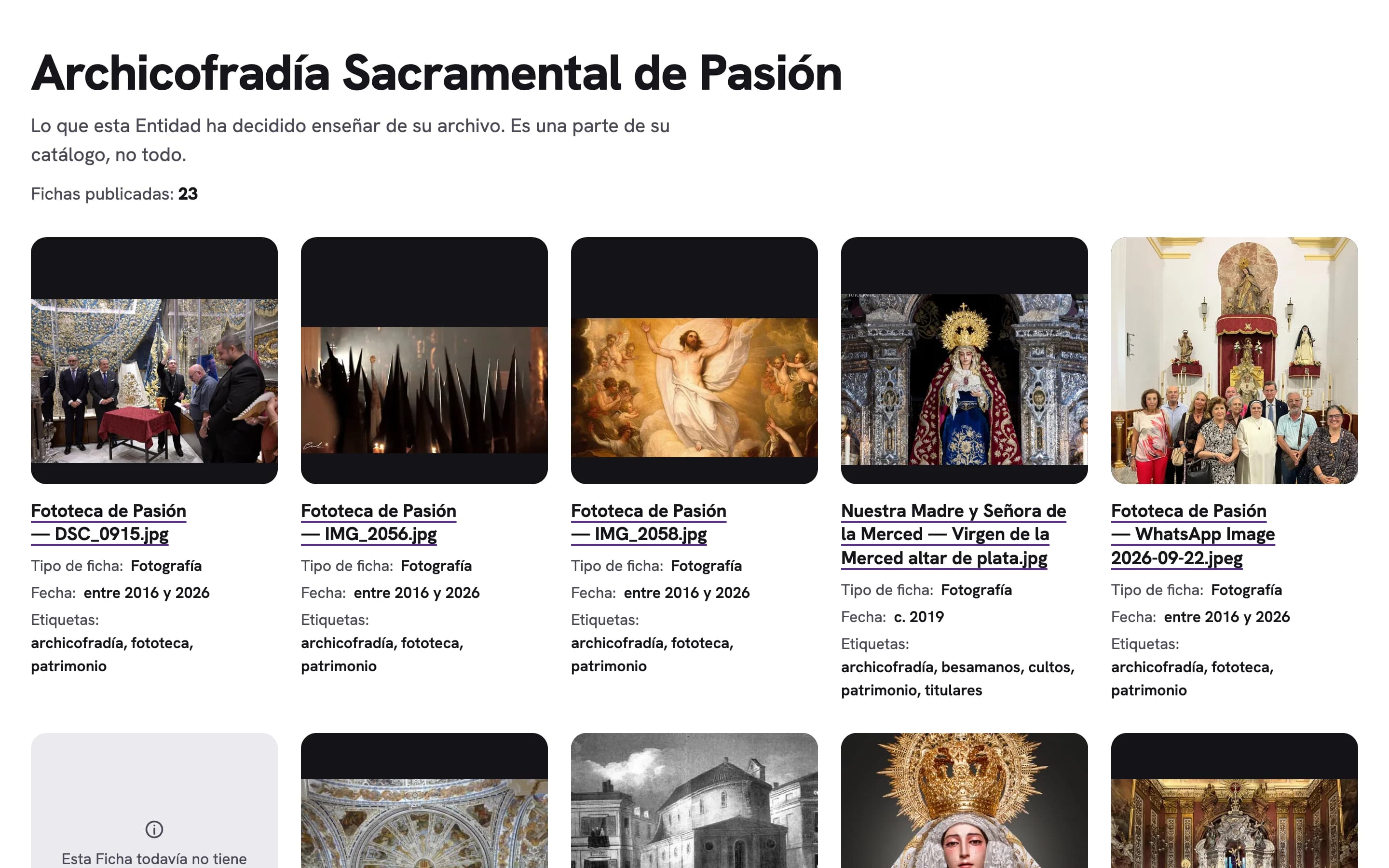 La Galería pública de la Archicofradía Sacramental de Pasión, con las fotografías de sus Fichas publicadas.