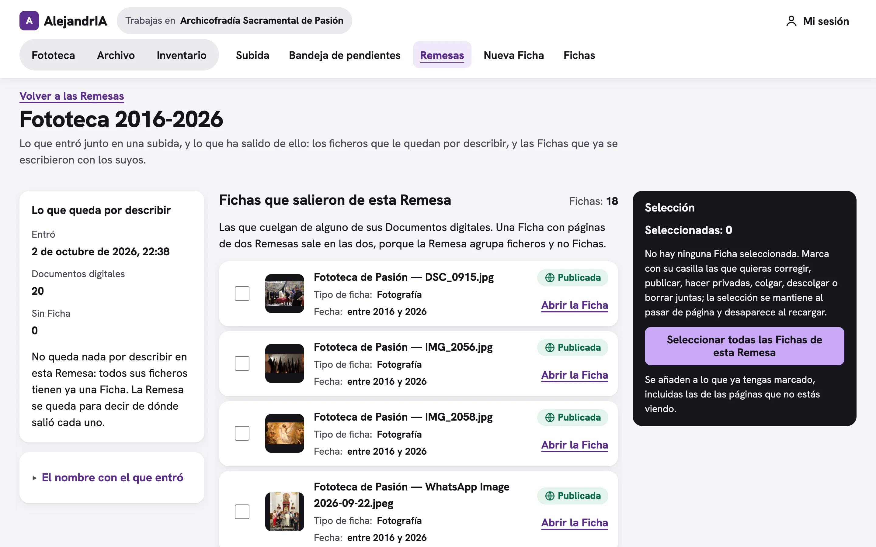 La Remesa «Fototeca 2016-2026» de la Archicofradía de Pasión, con las Fichas que ya salieron de ella.